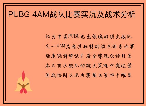 PUBG 4AM战队比赛实况及战术分析
